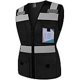 TCCFCCT Safety Vest for Women 11 Pockets Mesh Reflective Vest with Zipper, High Visibility Neon Construction Work Vest for Lady Workers/Surveyors/Drivers, Snug-Fit & Durable, ANSI Compliant, Black M