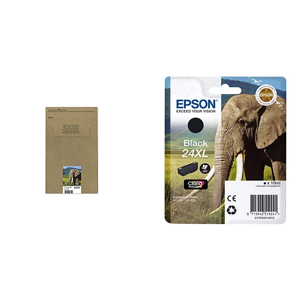 Epson 24 EasyMail Claria Photo HD Ink, 6 colours, Multipack & C13T24314012 24 X-Large Series Elephant Ink Cartridge, Black