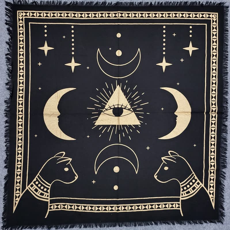 THE ART BOX Celestial Fringed Cloth – Gold Moon Symbol, Square Table Cover for Meditation or Decor