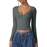 QINSEN Women's Long Sleeve V Neck T Shirts Double Lined Crop Top Seamed Cup Going Out Tops