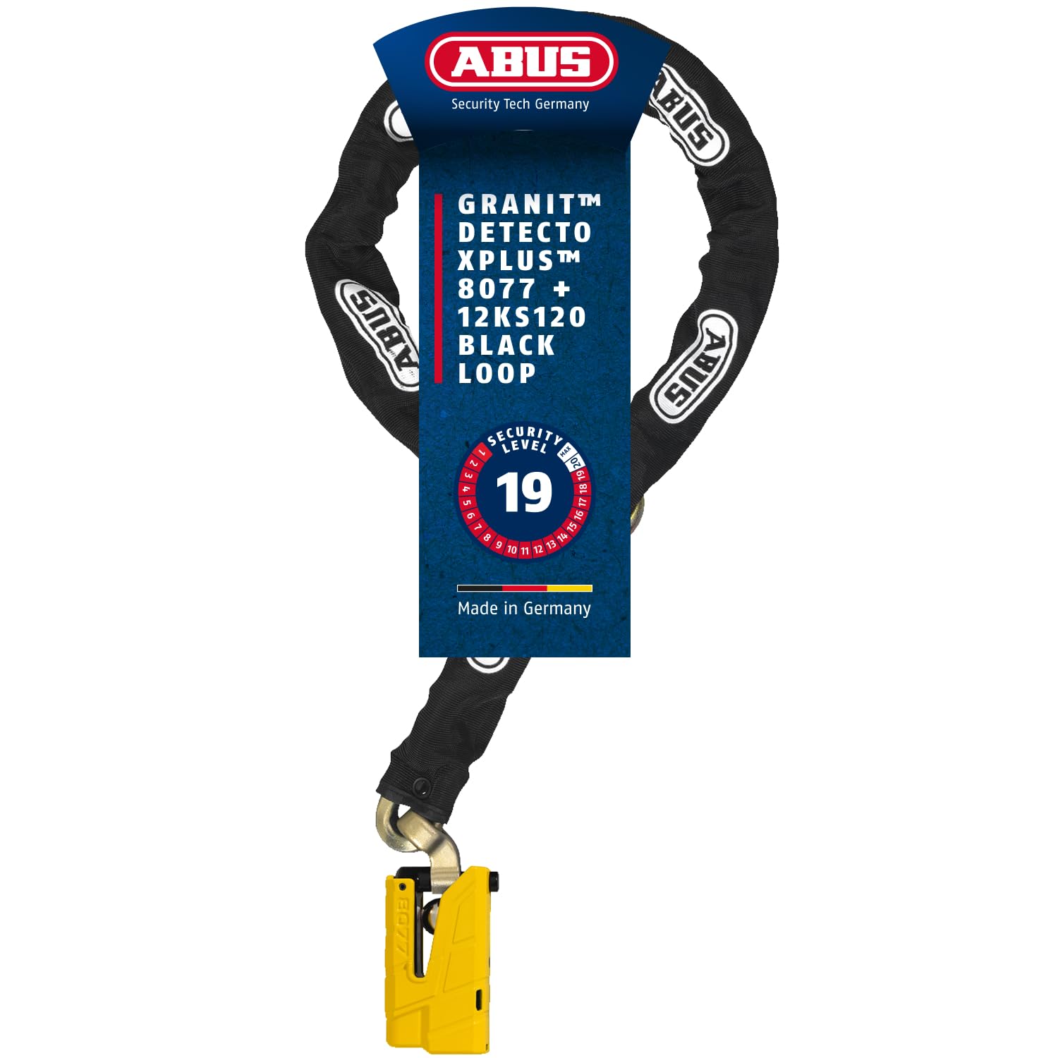 ABUS lock and chain combination GRANIT™ Detecto XPlus 8077 brake disc lock with alarm + 12 mm thick chain 12KS Black Loop - security level 19
