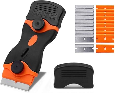 Amazon シール剥がし ダブルヘッドスクレーパー ガラススクレーパー ポケットスクレーパー 安全スクレーパー ガラス汚れ落とし ガラス掃除壁面の付着物のかき落とし ブレードカバー付き ２種類の 替刃付 プラスチックブレード10個 ステンレスブレード10個