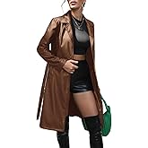 Gudasuo Leather Jacket Women Trench Coat Long Loose Button Jacket Open Front Motorcycle Coat with Belt