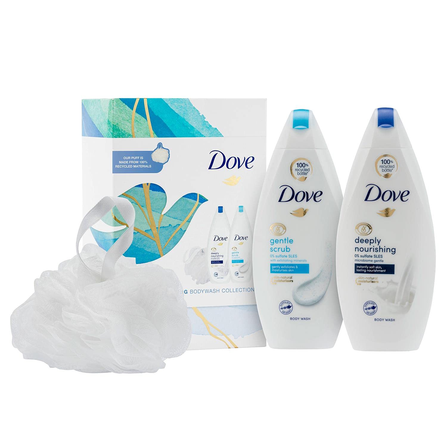 Dove Gently Nourishing Body Wash Collection Gift Set 2pcs with Luxury Shower Puff, Deeply Nourishing Body Wash 225ml & Gentle Scrub Body Wash 225ml, Dove Christmas gifts for her, Regular