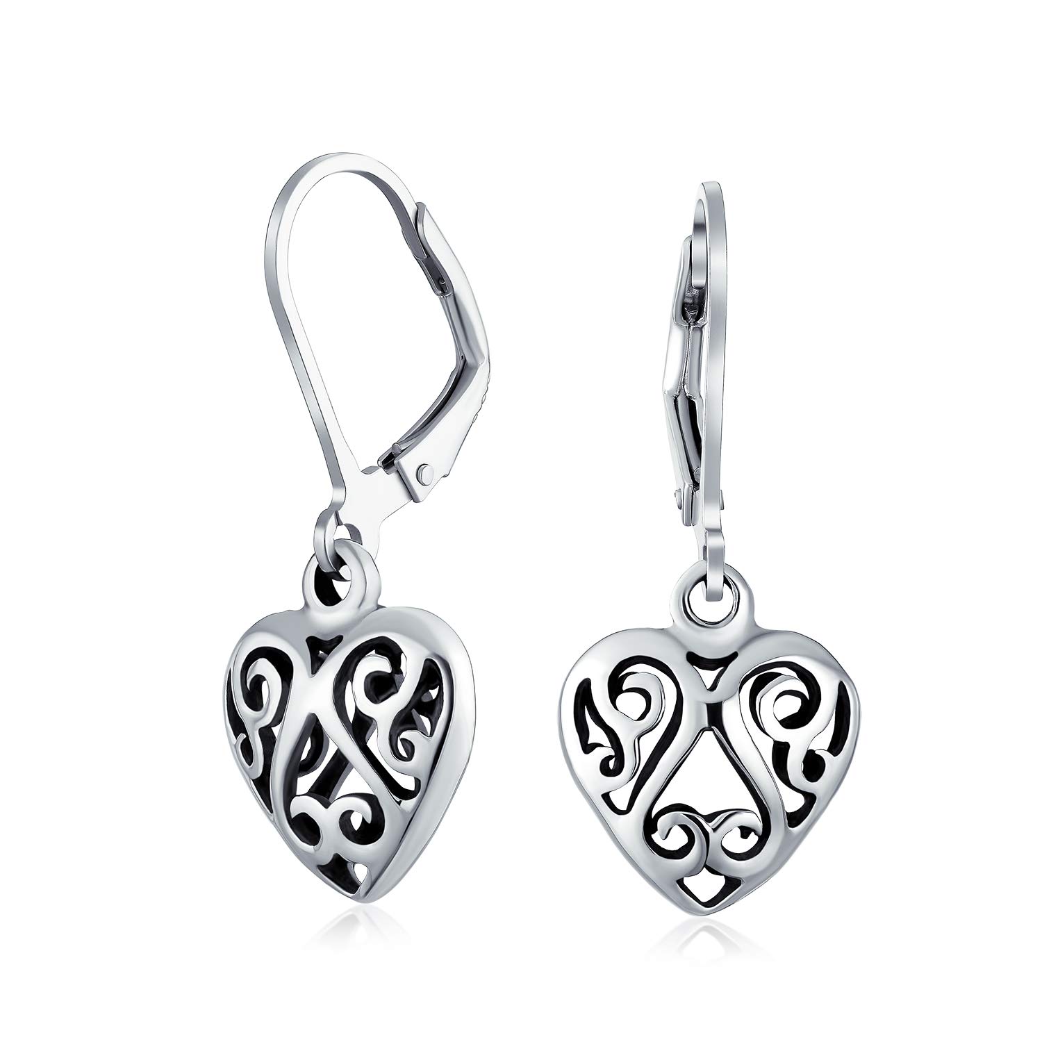 Open Lightweight Scroll Filigree Multi Heart Shape Puff Hearts Drop Dangle Earrings For Women Girlfriend Oxidized .925 Sterling Silver Lever back — image 1