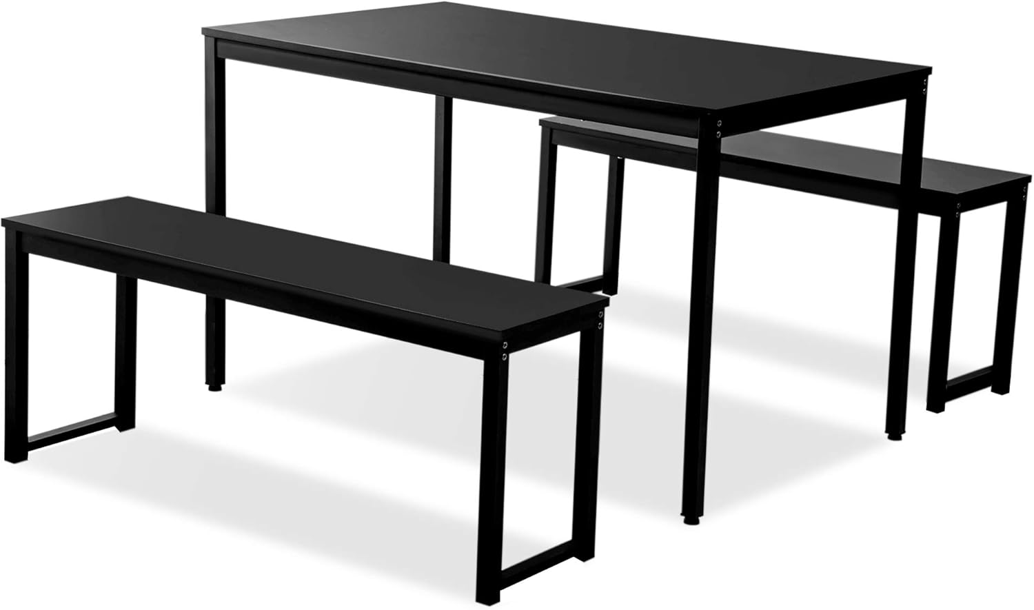 Rhomtree 3 Pieces Dining Set Table with 2 Benches Kitchen Dining Room Furniture Modern Style Wood Table Top with Metal Frame (Balck + Black) - Table & Chair Sets