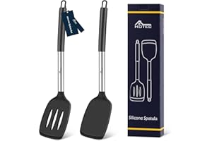 HOTEC Silicone Spatula Set – 2-Piece Heat Resistant Kitchen Turner Set with Stainless Steel Handles, Slotted & Solid Spatulas