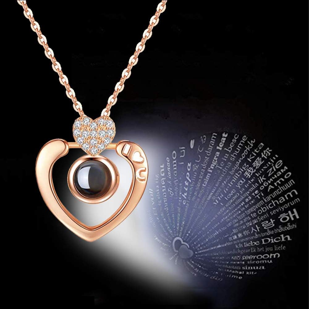 Blitzby Custom Heart Projection Necklace - 100 Languages I Love You Necklace for Women Memory Love Necklace Nanotechnology Onyx Pendant Jewelry Necklace Best Gift for Her