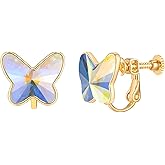 EVEVIC Austrian Crystal Butterfly Clip On Earrings for Women Adjustable Screw Back Non Pierced Earring 14K Gold Plated Hypoallergenic Jewelry