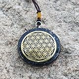 GEMSTORE369 Black Tourmaline Orgone Pendant | Flower of Life Symbol | EMF Protection | 2 inch Diameter with Adjustable Necklace | Reiki Infused (Black)