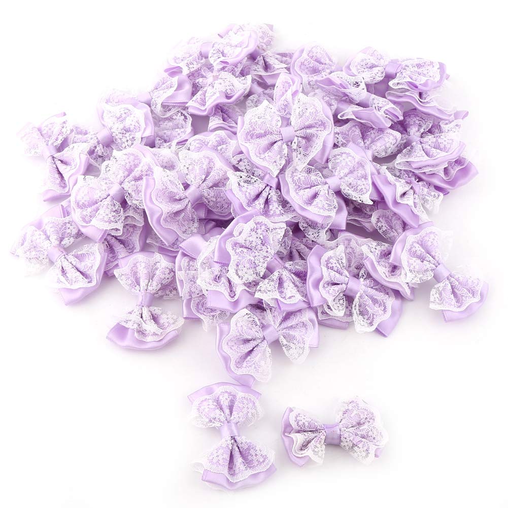 50Pcs Bow Appliques, Mini Satin Ribbon Bows, Lace Craft Bowknot for Clothes, Skirts, Headbands, Socks, Gift Wrapping, Wedding Decoration Purple