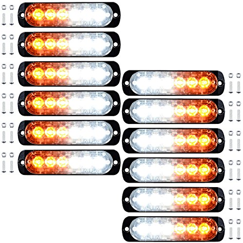 Amber/White 18W 6-LED Warning Emergency Flashing Strobe Light Bar Surface Mount 12V-24V (12pcs, White/ Amber)