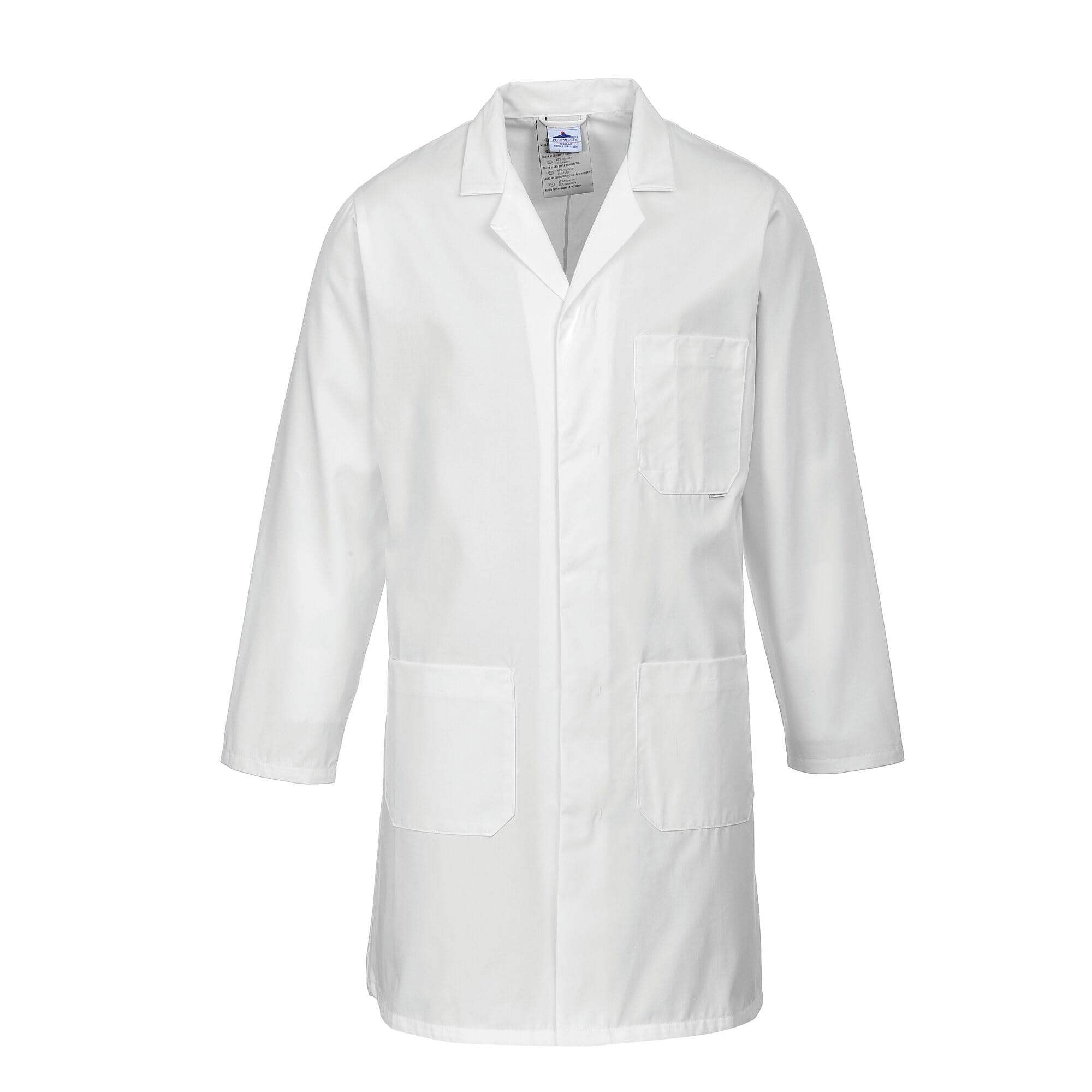 Portwest 2852 Standard Lab Coat Kingsmill Polycotton Professional Protective Workwear Concealed Stud 3 Pocket Storage Durable Comfortable Non-Shrinking, White, XS