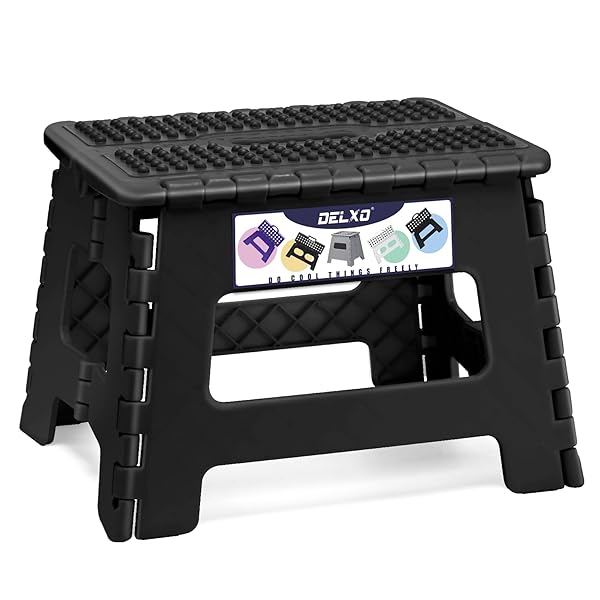 DELXO FOLDING STEP STOOL 9 INCH NON-SLIP FOLDABLE STOOLS FOR KIDS & ADULTS UP TO 300 LBS KITCHEN COLLAPSIBLE FOLD UP STEPPING STOOL WITH DOTTED 1 PACK BLACK