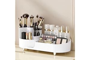 Bemgue Makeup Organizer for Vanity, 360° Rotating Countertop Makeup Organizer with Brush Holder, Large Capacity for Cosmetics, Skincare, Perfumes -White
