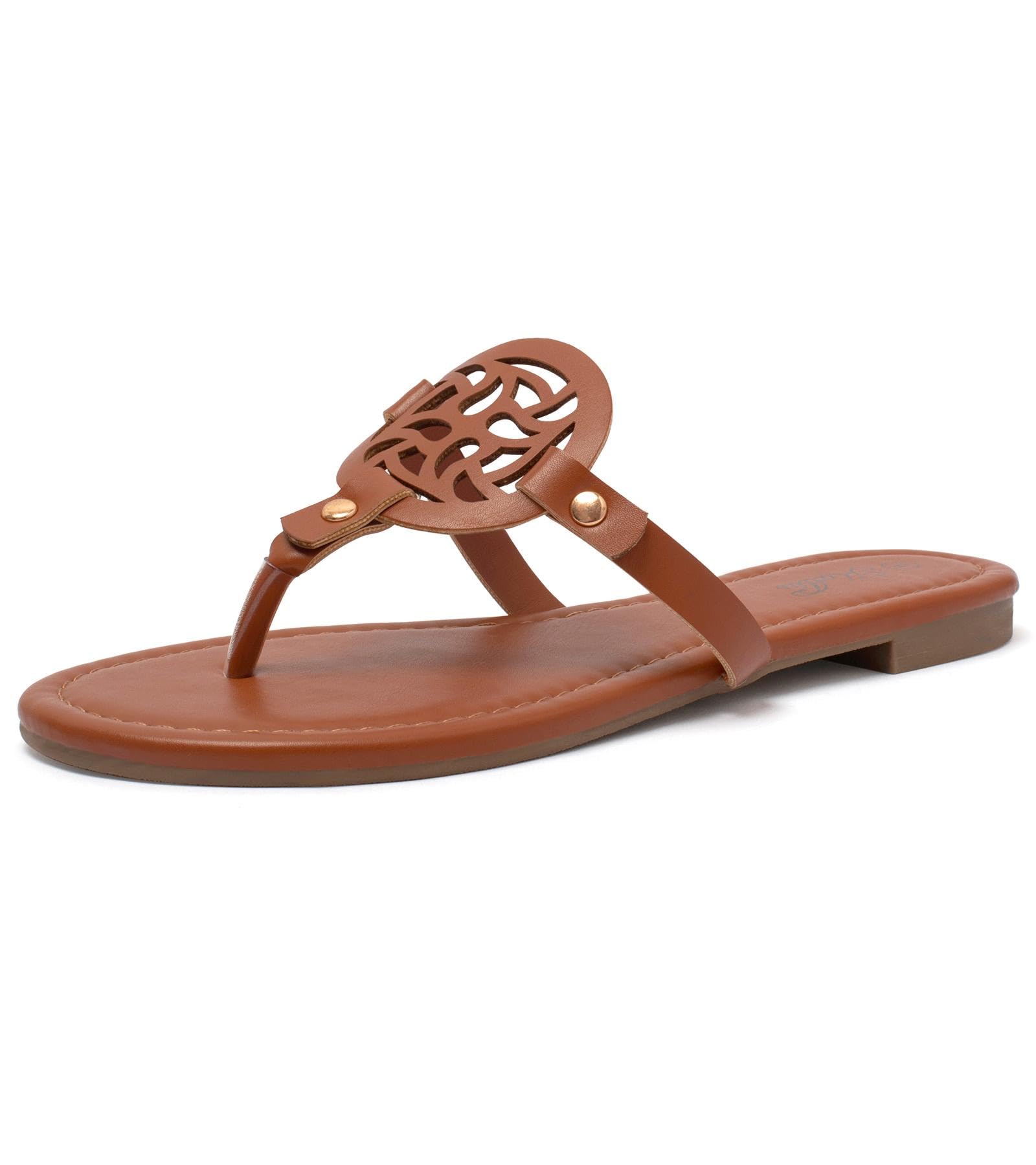 Photo 1 of katliu Women's Flat Sandals Flip Flop Sandals Comfortable Dressy Thong Sandals Brown 5.5