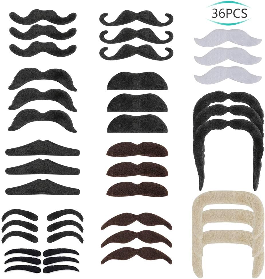 Color You 36 Pack Mustaches Self Adhesive, Twelve Fake Moustache, Self Adhesive Mustaches Set for Masquerade, Party Supplies and Performance Props
