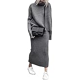 ebossy Womens Ribbed Knit Sweater Outfits Casual Loose 2 Piece Turtleneck Pullovers Elastic Waist Maxi Skirt Sets