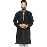 SKAVIJ Mens Art Silk Embroidered Long Kurta (X-Large, Black)