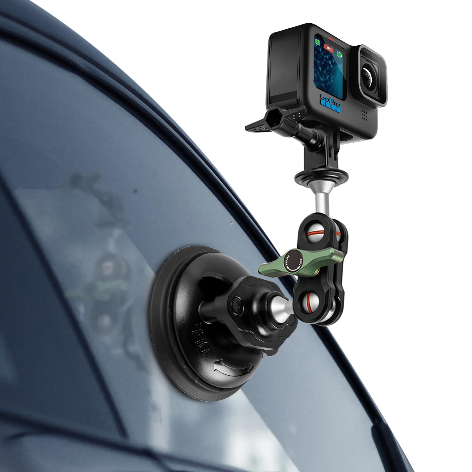 REYGEAK aluminium Heavy Duty Suction Cup Mount, with Phone Holder for GoPro/Insta360 /DSLR Mirrorless Camera, on Car Window, Strong Suction Car Mount Windshield,Hi-Speed Motion Vehicle Attach Holder