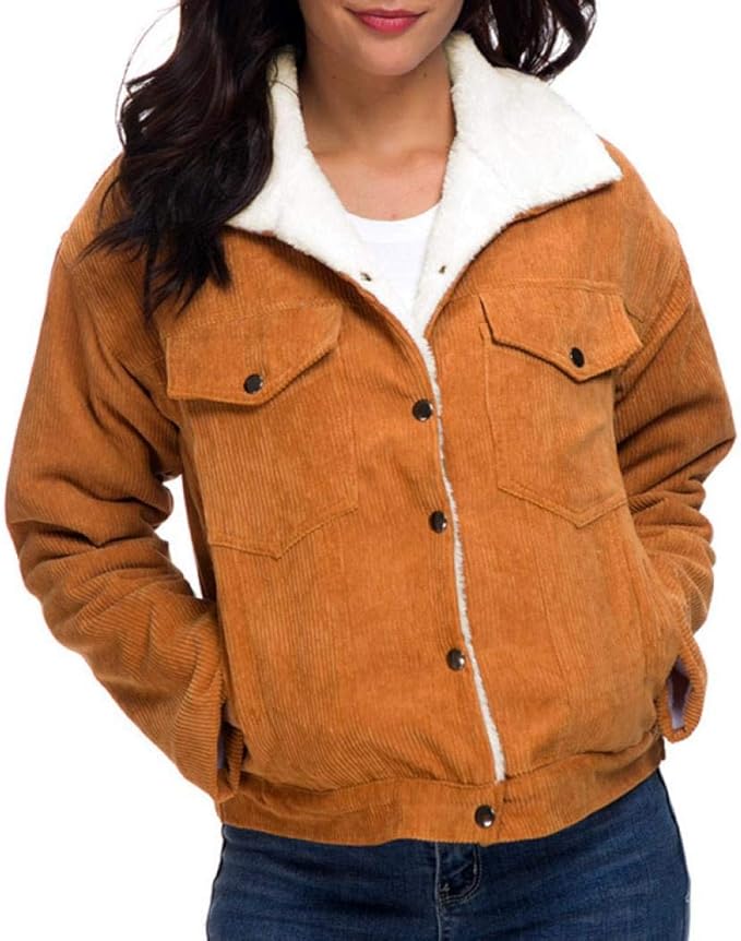 Womens Classic Fleece Jacket Warm Corduroy Sherpa Lined Coat Thickened Jackets Overcoat at 