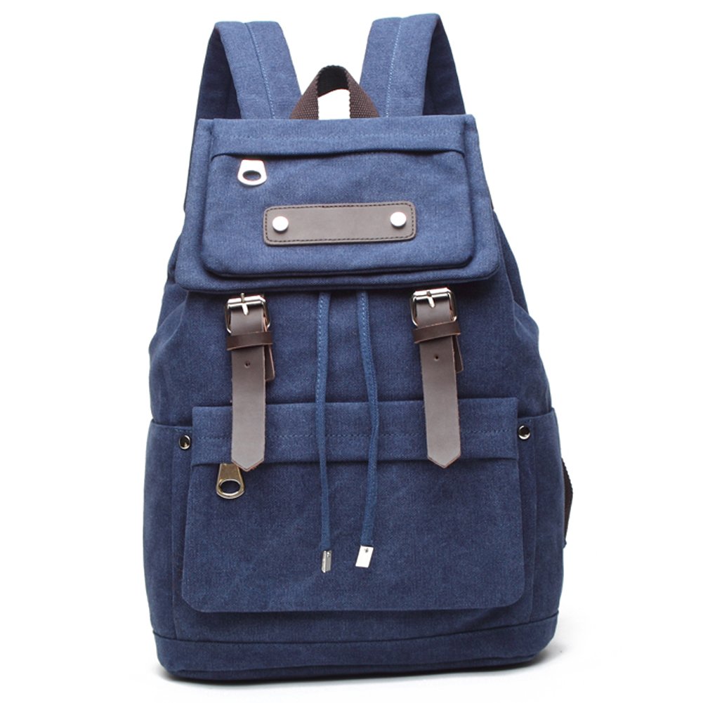 Fresion Vintage Casual Canvas Leather Shoulder Backpack Hiking Bags Travel Rucksack Handbag with 18L Large Capacity for Men and Women, Blue