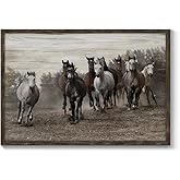 TAR TAR STUDIO Running Horses Framed Wall Art: Small Western Farmhouse Artwork Vintage Painting Wild Horses Picture on Wood for Living Room bedroom home Decoration