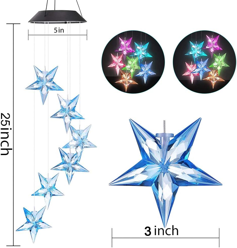 Vinkki Wind Chime Solar Light Color Changing LED Solar Mobile Blue Star Wind Chime Solar Light Wind Mobile Portable Waterproof Outdoor Decorative Romantic Wind Bell Light for Patio Garden Home Party : Garden & Outdoor