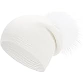 Women's Real Fur Pom Pom Cashmere Wool Blend Winter Slouchy Knit Beanie Hat with Real Pom Pom Beanie Hat