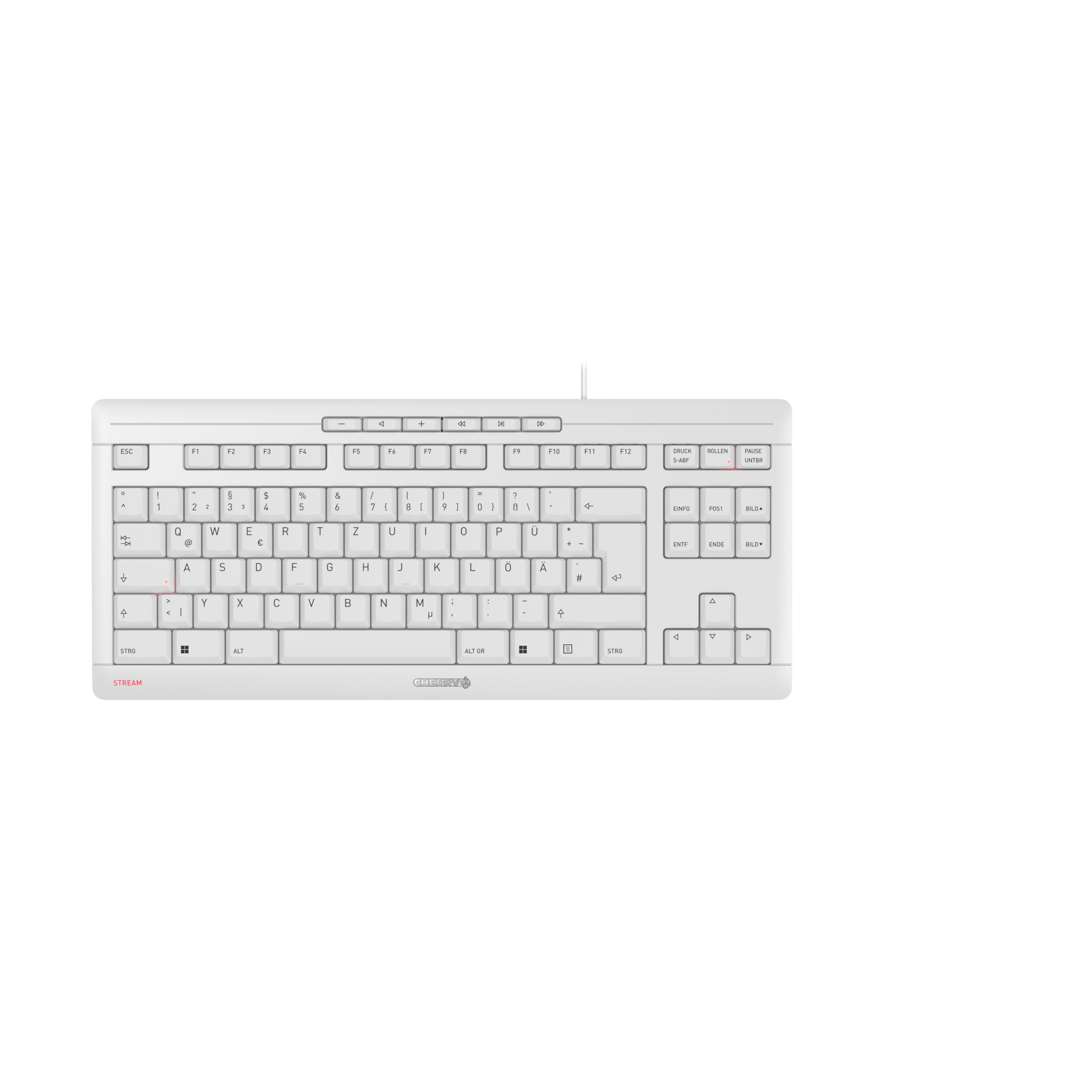 CHERRY STREAM KEYBOARD TKL, Wired Keyboard without Numeric Keypad, German Layout (QWERTZ), Quiet Keystrokes, Unique Typing Experience, White-Grey