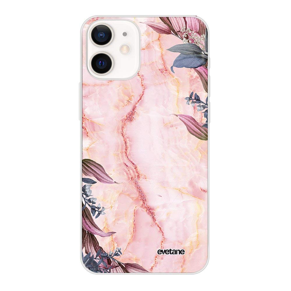 Evetane Case Compatible with iPhone 12 Mini Flexible Solid Silicone Ultra Resistant Thin Protection Case Transparent Marble Flowers Pattern Trendy
