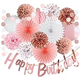 Pink White Rose Gold Birthday Decorations Rose Gold Happy Birthday Banner Pink Rose White Tissue Paper Pom Poms Paper Fans Circle Dots Garland for Women Girls Birthday Party Decor