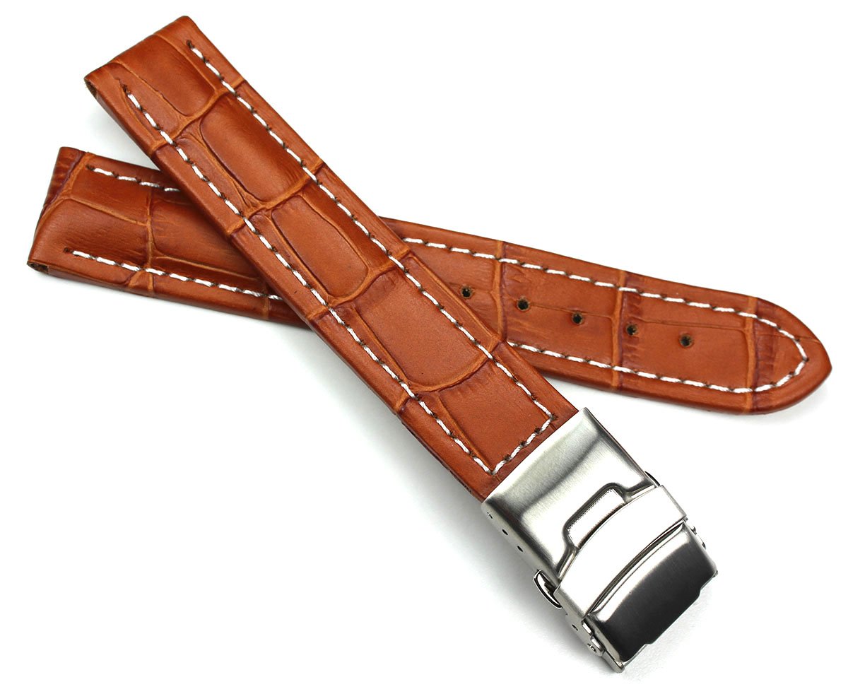 Deutsch 18 mm Genuine Leather Watch Strap Stainless Steel Folding Clasp Brown Alligator Embossing