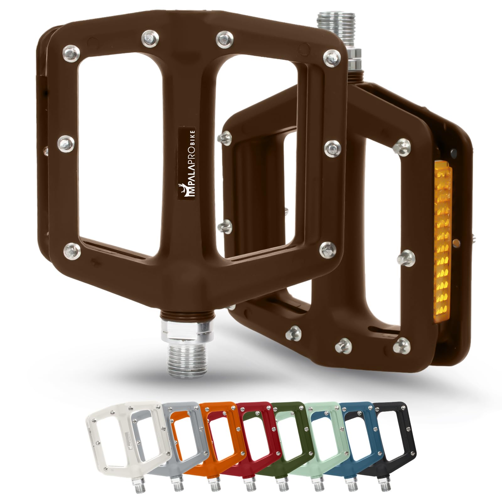IMPALAPRO - Bike Pedals with Reflective in Nylon Fiber - Flat Bike Pedal with Selaed Bearing 9/16" - Mountain Bike - BMX - Road Bike - MTB Flat with Reflectors (Brown)