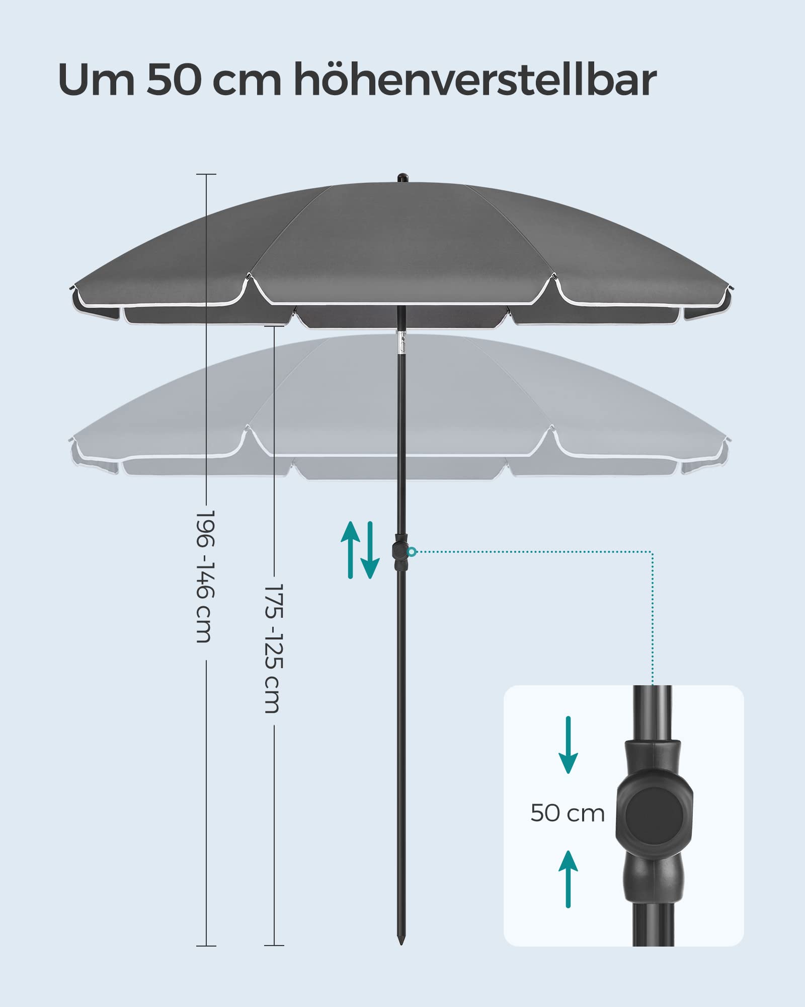 SONGMICS Sonnenschirm 160 cm, Sonnenschutz, UPF 50+, Strandschirm, beidseitig um 30° knickbar, höhenverstellbar, mit Tragetasche, für Balkon, Garten, Terrasse, Strand, ohne Ständer, grau GPU060G01 4