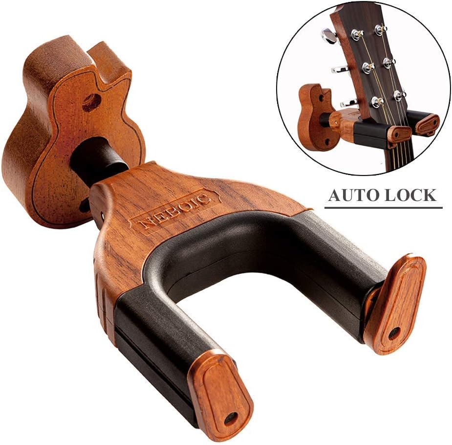 Neboic Guitar Wall Mount, Auto Lock Guitar Wall Hanger, Hard Wood Base
