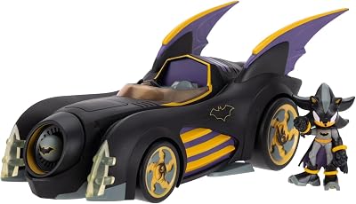 DC x Sonic – Shadow como Batman con Batimóvil con Funciones 6 cm, Set de Figura de acción, Licencia Oficial Jakks Pacific, Vehículo Interactivo con proyectil lanzable y turbina giratoria