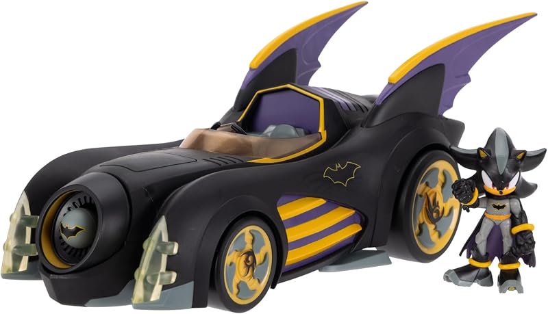 DC x Sonic – Shadow como Batman con Batimóvil con Funciones 6 cm, Set de Figura de acción, Licencia Oficial Jakks Pacific, Vehículo Interactivo con proyectil lanzable y turbina giratoria