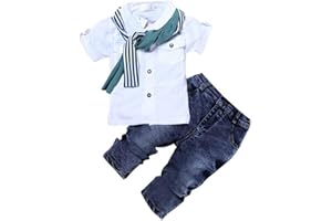 MYGBCPJS 3Pcs Boy Handsome Outfit Set Plaid Shirt + T-Shirt + Suspender Jean Sets