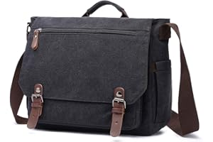 Vintage Genuine Leather Waxed Canvas Briefcase Large Satchel Shoulder Bag Rugged Computer 15.6" Laptop Bag