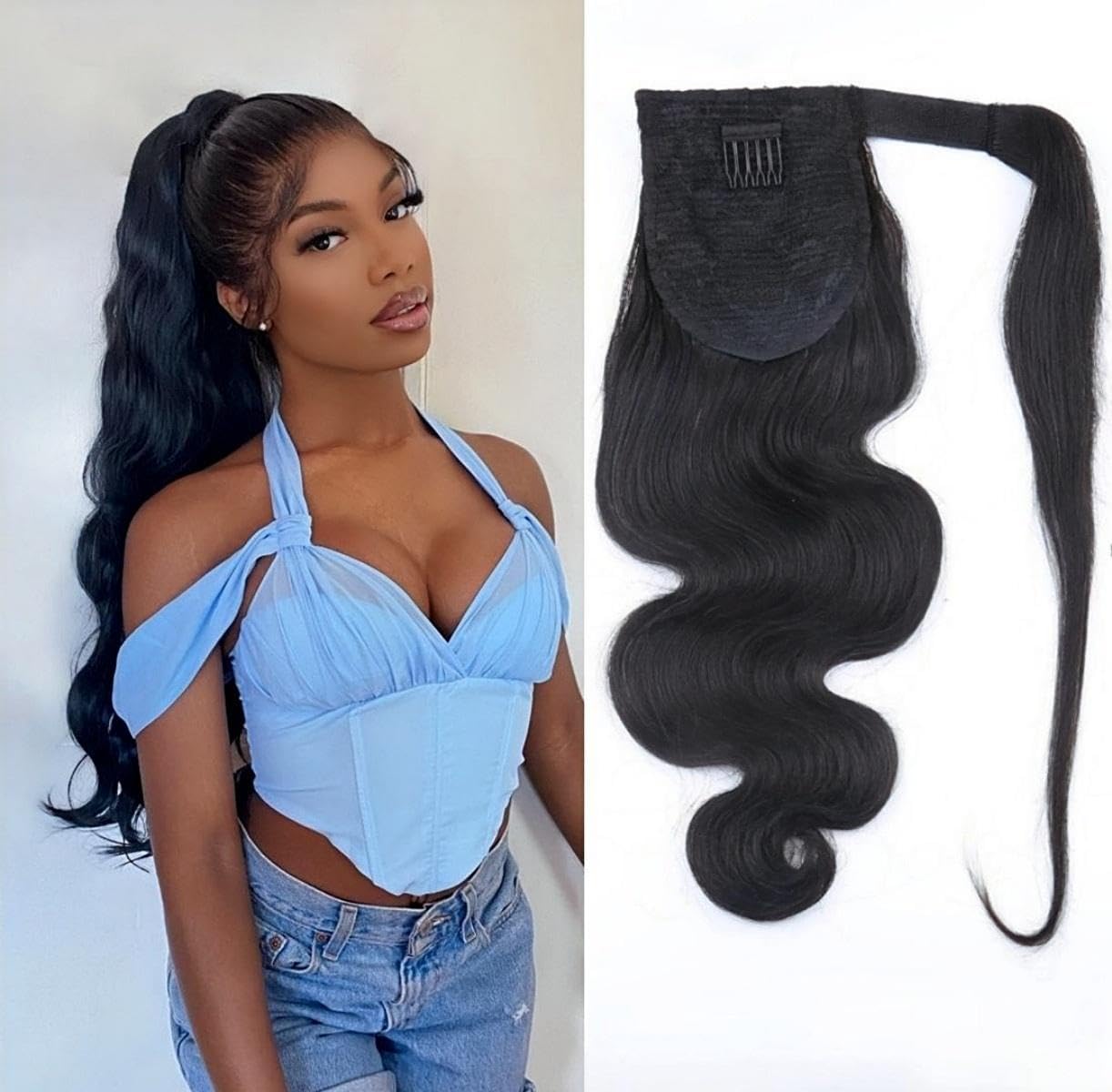 Sexycat Body Wave Ponytail Extension Human Hair 18 Inch 100g, Wrap Around Real Clip in Human Hair Ponytail for Instant Volume & Length, #1B Natural Black