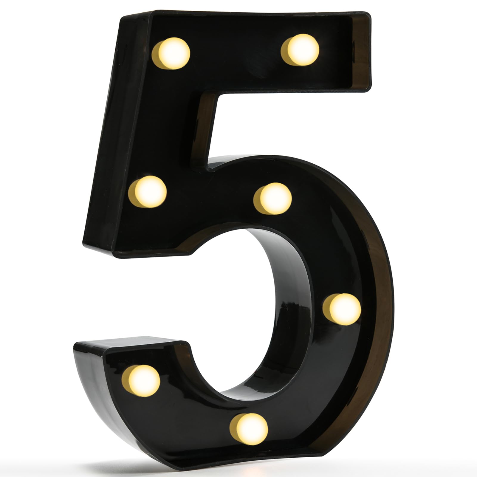 Photo 1 of Pooqla Decorative Led Light Up Number Letters, Black Plastic Marquee Number Lights Sign for 5th 15th 50th Birthday Party Wedding Decor Battery Operated Black Number 5