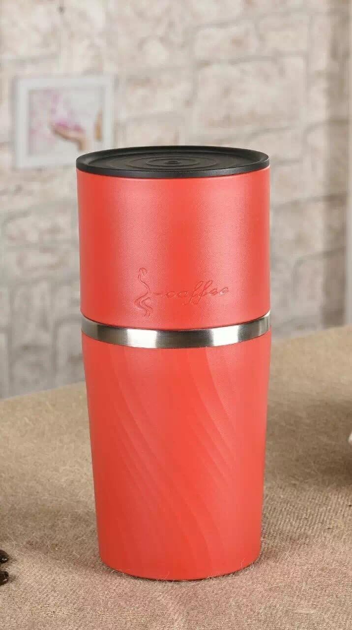 TACLIFE 4-in-1 Manual Coffee Maker, Thermos Cup, Coffee Filter and dripper for Camping, fishing, Driving (RED)