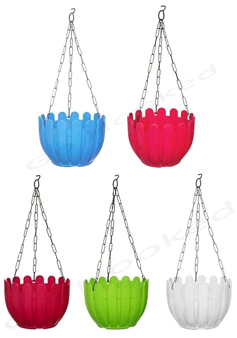 Go Hooked Unbreakable Plastic Round Fence Hanging Pots, Hanging Planters with Metal Hanging Chain - Pack of 5 (8.5x6 Inch)