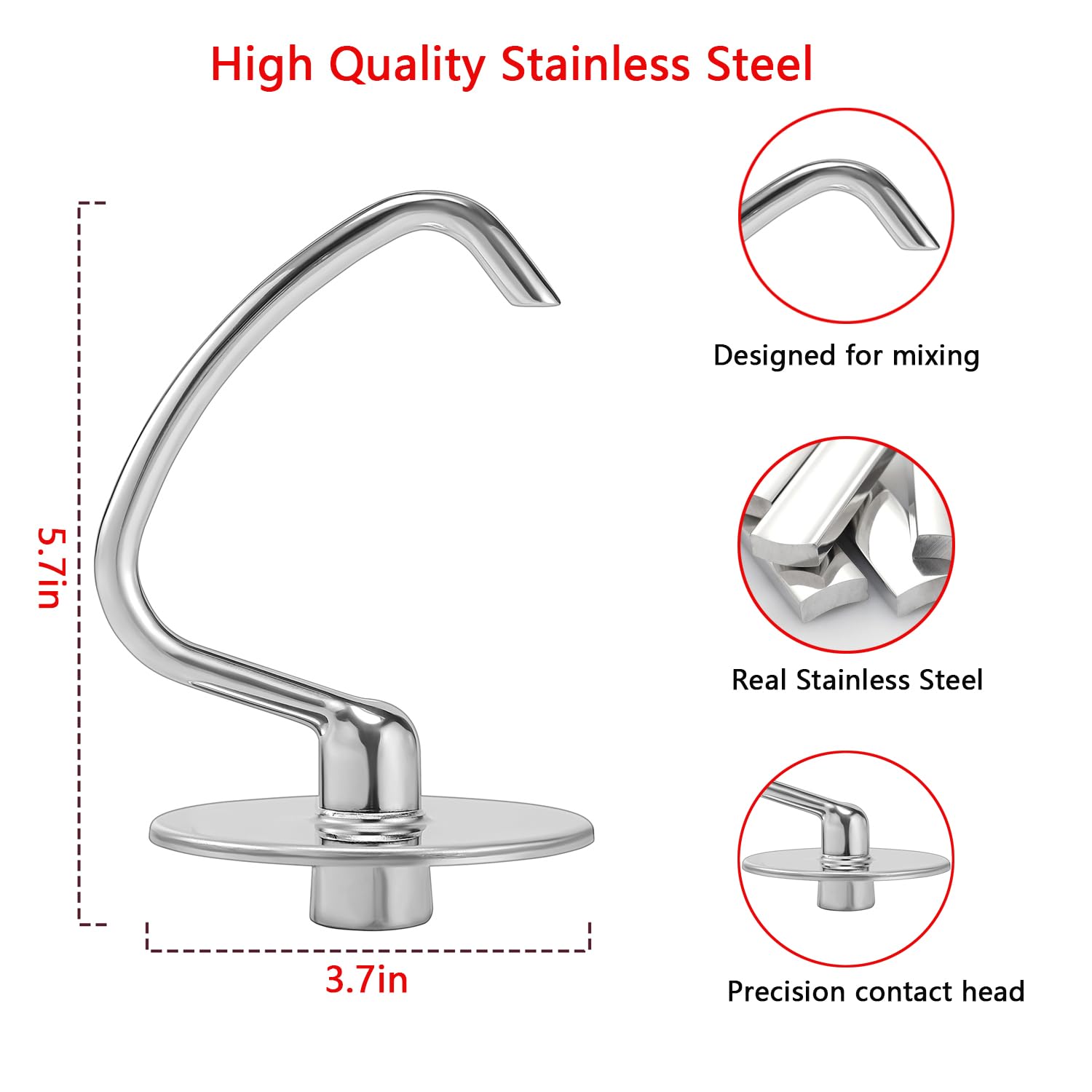Stainless Steel Dough Hook for KitchenAid 4.5-5 Quart Tilt-Head Stand Mixers, Dishwasher Safe Metal Kneading Bread Hook Attachment for Kitchen Aid