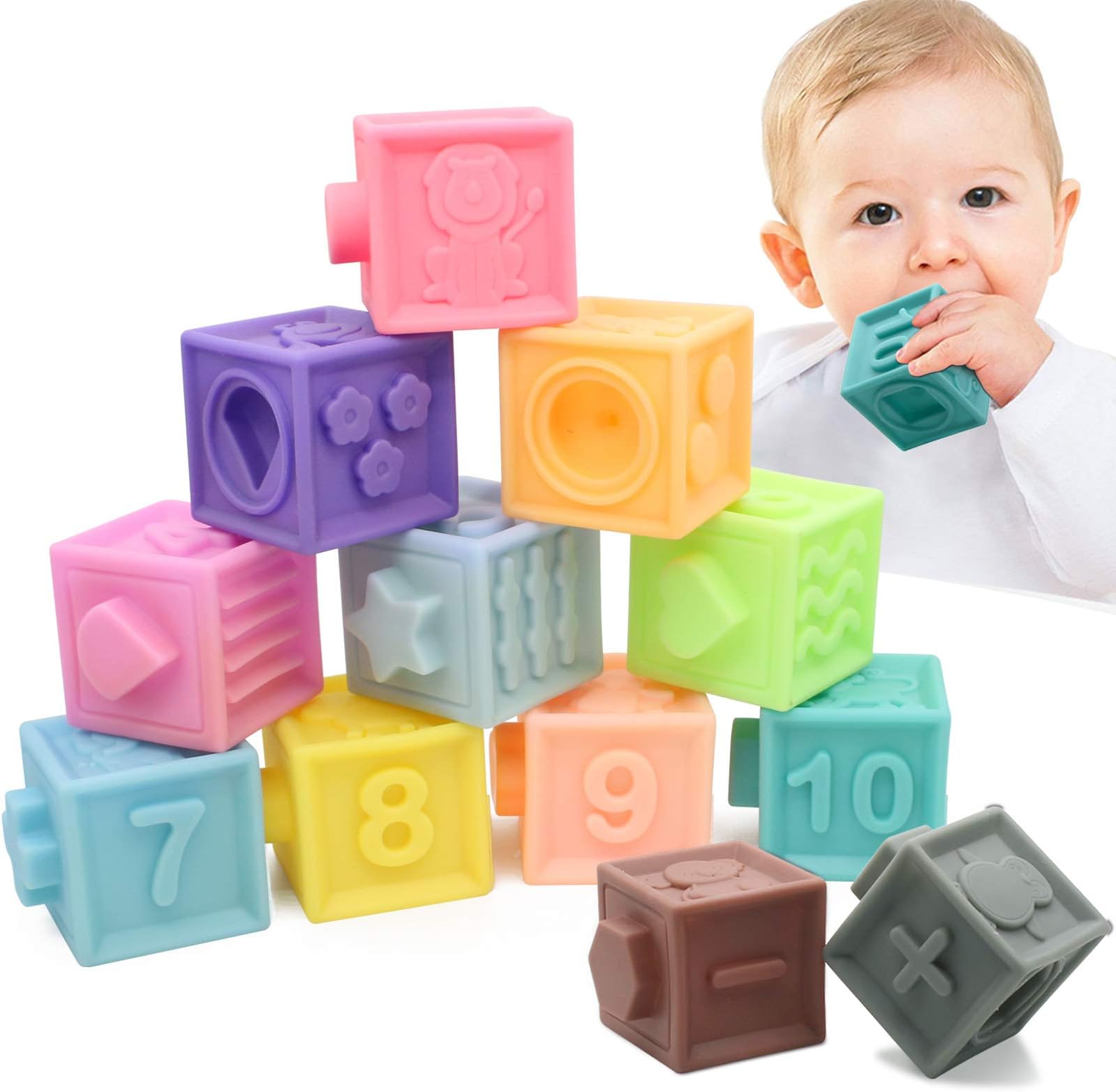 MARUMINE 12PCS Soft Baby Blocks, Material Chewing Teether Toys, Stacking Blocks, Bath Play Set with Numbers Animals Textures Sensory and Matching Game for 6 Months and Up