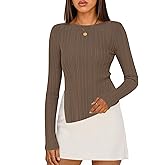 MEROKEETY Women's Fall Long Sleeve Sweater Tops 2025 Boat Neck Ribbed Asymmetric Lightweight Knit Shirts