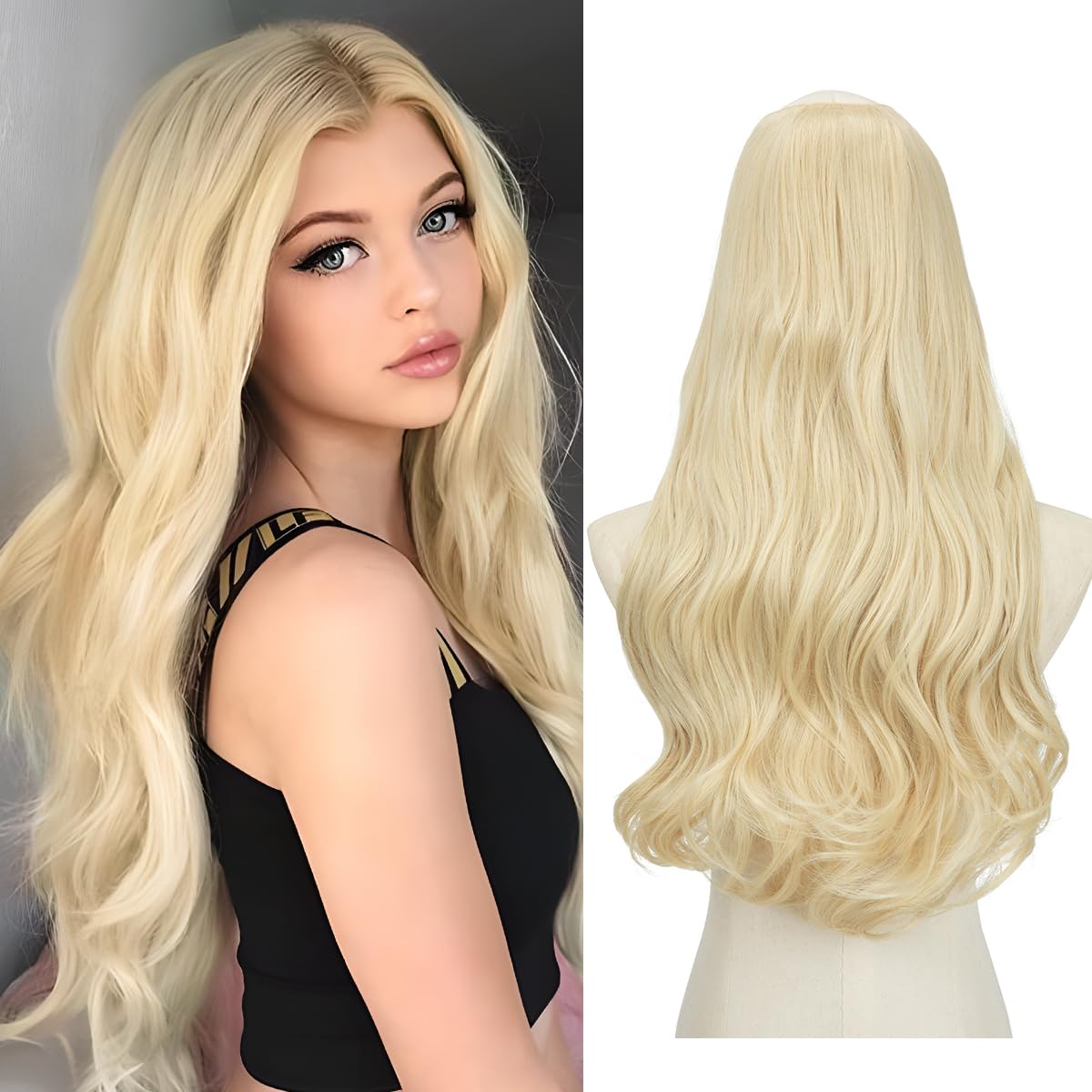 Photo 1 of SARLA Clip in U Part Hair Extensions Synthetic Long Wavy Curly Thick Full Head Hairpiece for Women Beach Blonde 24 Inch