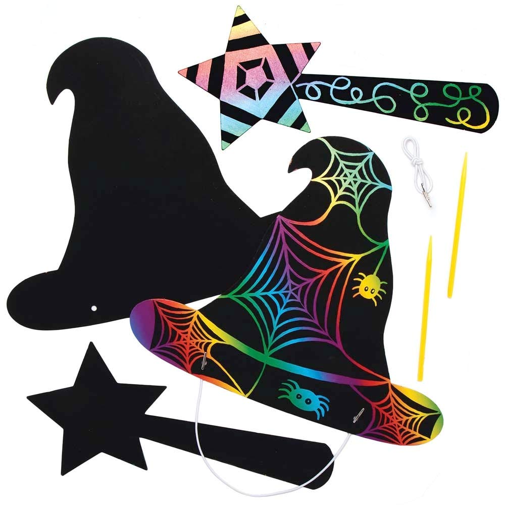 Baker Ross AX220 Scratch Art Witches and Wizards Hat & Wands - Pack of 4 Sets, Halloween Decorations, Ideal for Kids to Design and Decorate