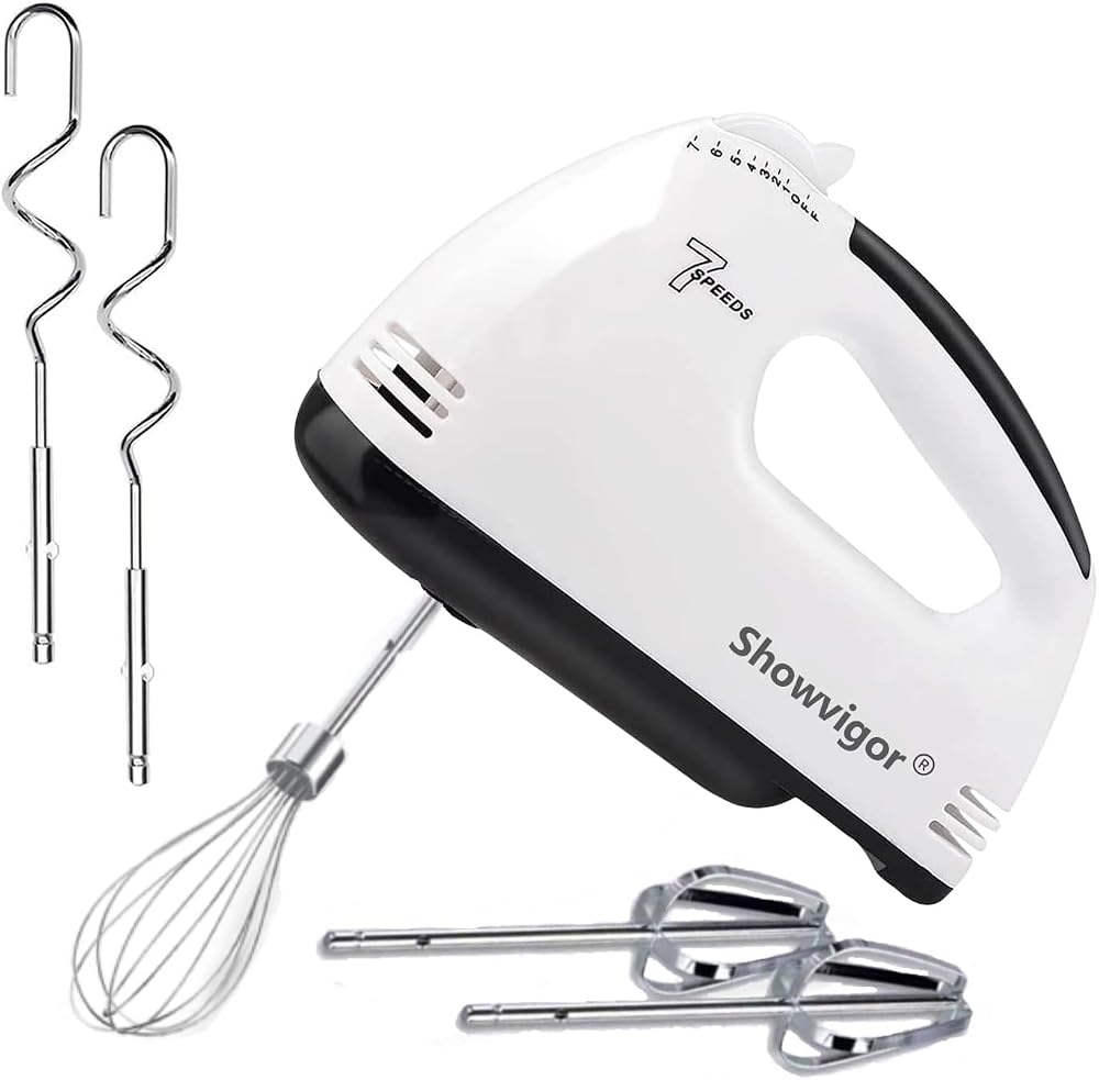 Showvigor Hand Mixer 7-Speed Electric with Beaters & Dough Hooks Stainless Steel